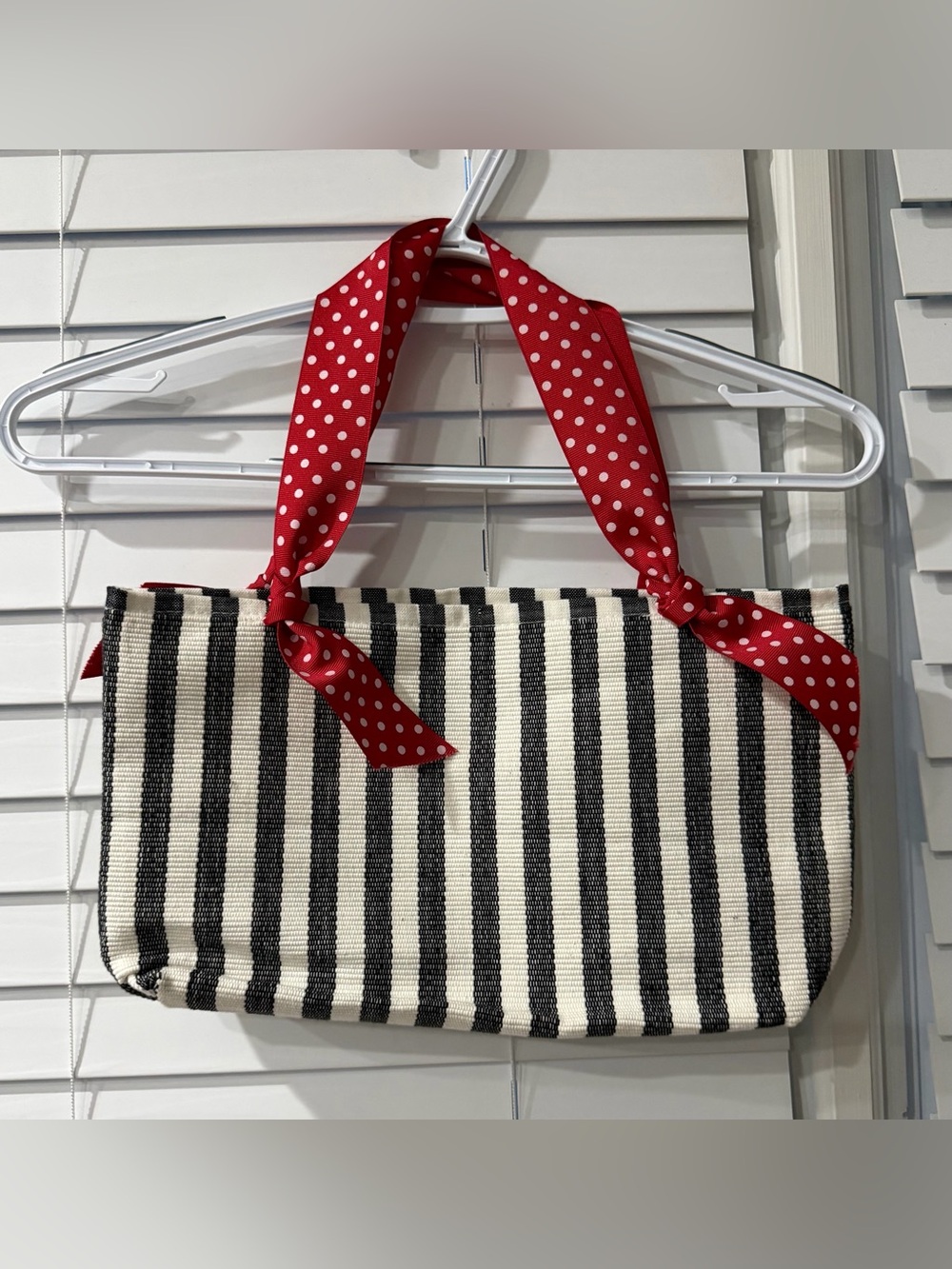 Striped Black & White Tote with Red Polka Dot Scarf Handles